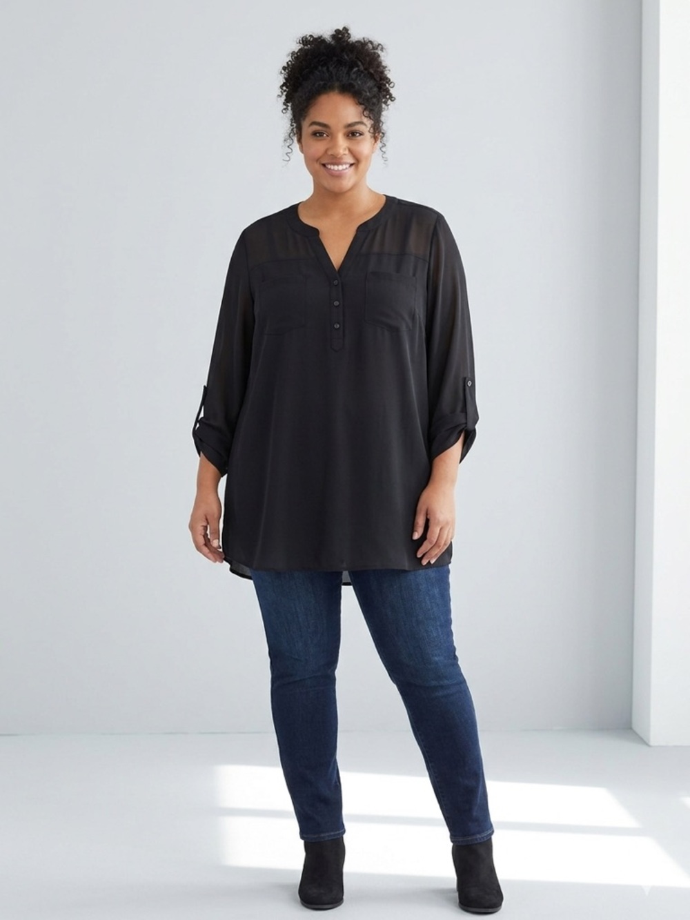 Kim Rogers Black Henley Tunic with Roll-Tab Sleeves